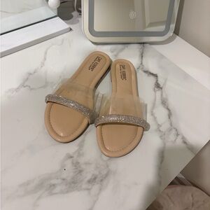 Elegant Beige Slide Sandals with Rhinestone Detail